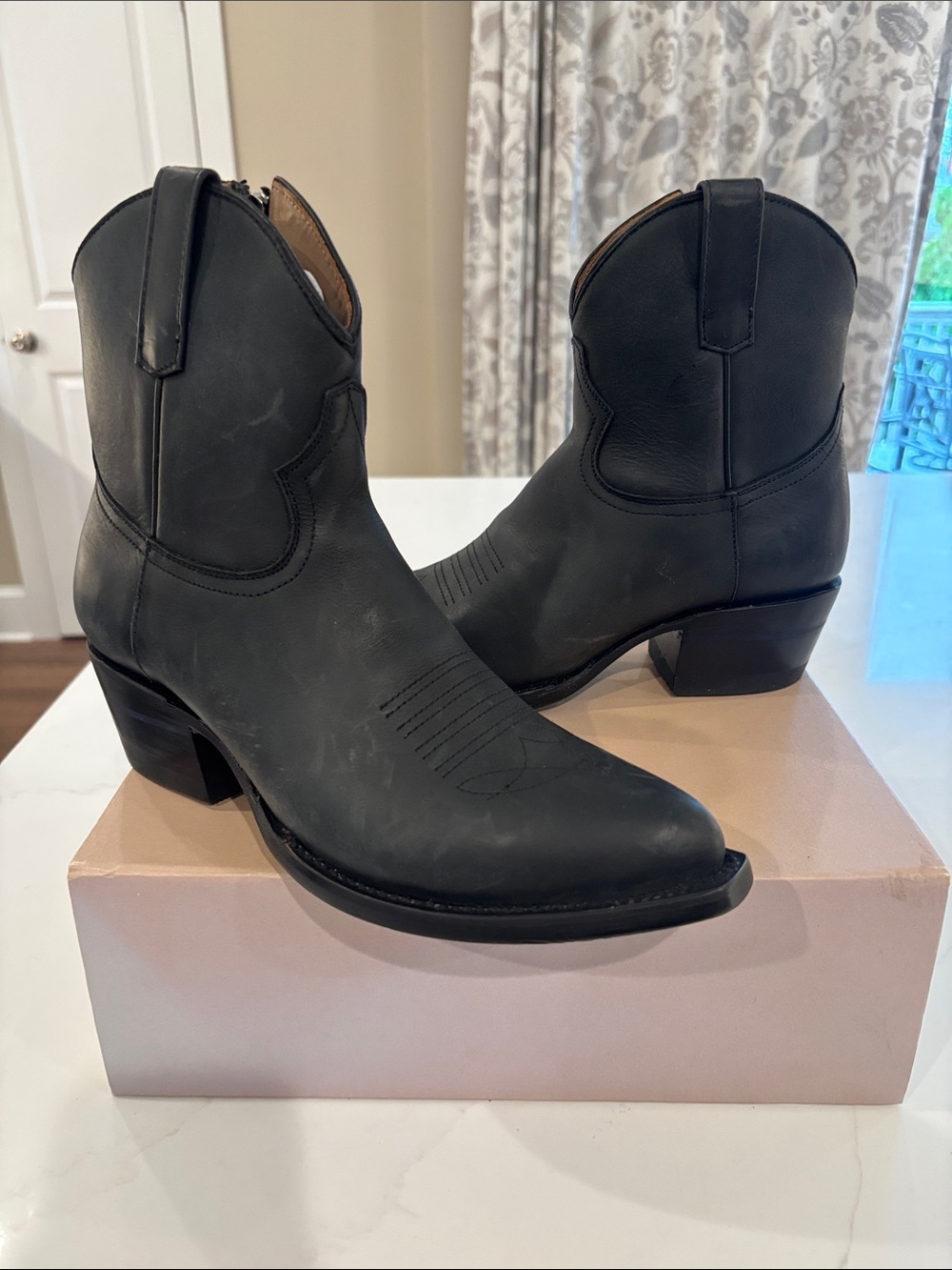 Alvies Black Leather Western Ankle Boots
